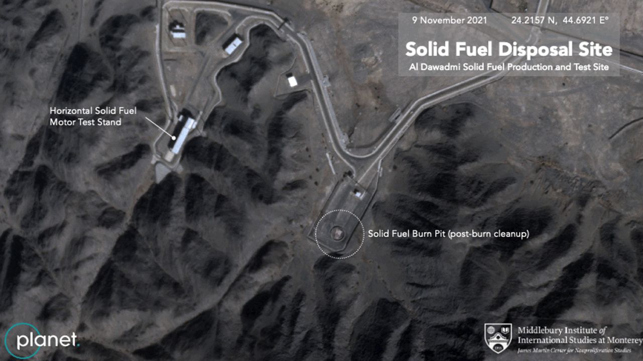 A satellite image captured on November 9 shows the "burn pit," which is used to dispose of solid-propellant leftover from the production of ballistic missiles, post-burn cleanup.  