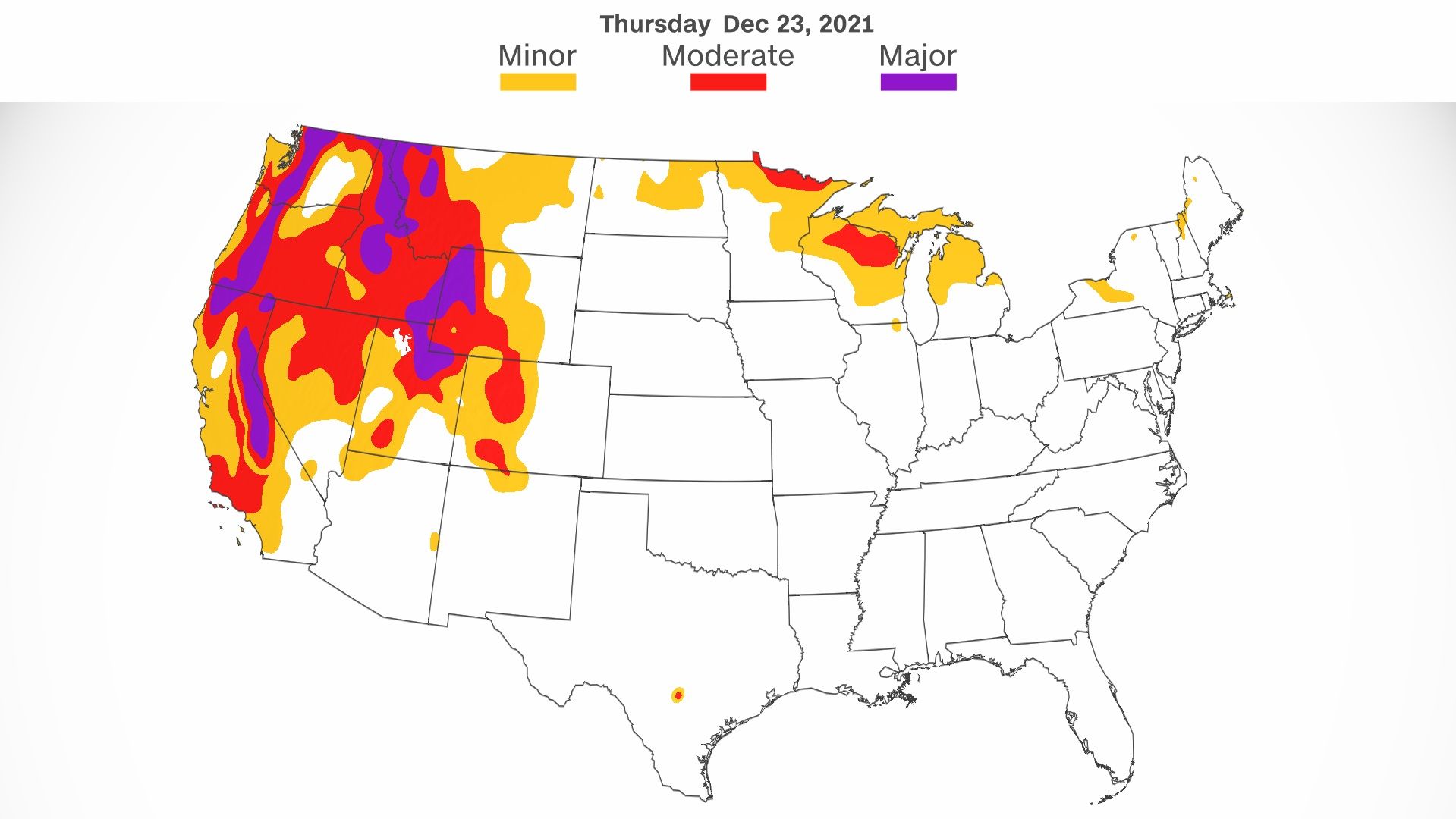 Widespread moderate to major travel delays are forecast across the western US while minor to moderate travel delays are forecast across the Upper Midwest and Great Lakes on Thursday.