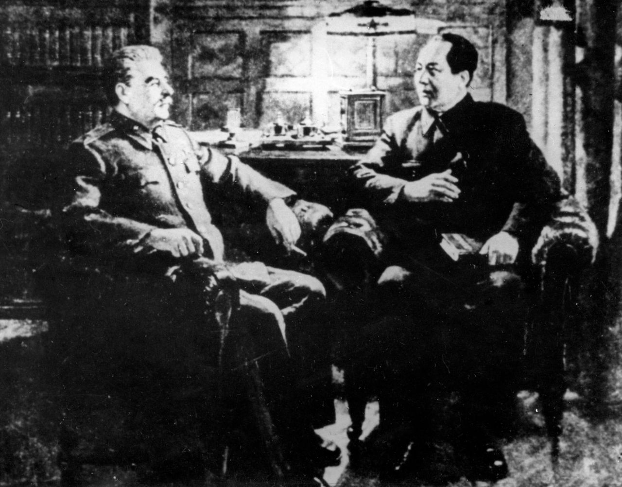 Joseph Stalin, left, meets with Mao Zedong in Moscow in December 1949. In June 1949, Chinese Communists declared victory over Chiang Kai-shek's Nationalist forces, who later fled to Taiwan. On October 1, Mao Zedong proclaimed the People's Republic of China. Two months later, Mao traveled to Moscow to meet with Stalin and negotiate the Sino-Soviet Treaty of Friendship, Alliance and Mutual Assistance.