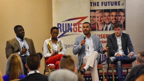 Run GenZ members, from left to right, Ebo Entsuah, Roxy Ndebumadu, Caleb Hanna and Braxton Mitchell speak about their experiences as young people running for office to a group of candidates at the 2021 Run GenZ conference.