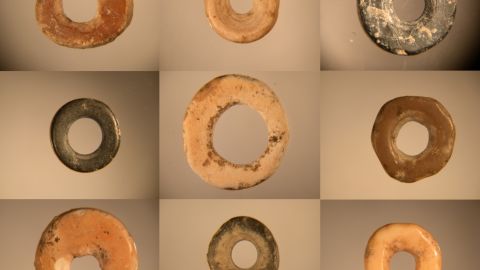 Digital microscope images of ancient ostrich eggshell beads found in Africa.