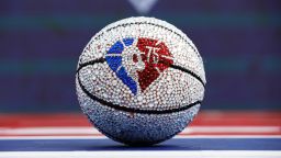 AUSTIN, TEXAS - OCTOBER 21: A jewel encrusted basketball with NBA 75th anniversary detail is pictured during previews ahead of the F1 Grand Prix of USA at Circuit of The Americas on October 21, 2021 in Austin, Texas. (Photo by Jared C. Tilton/Getty Images)