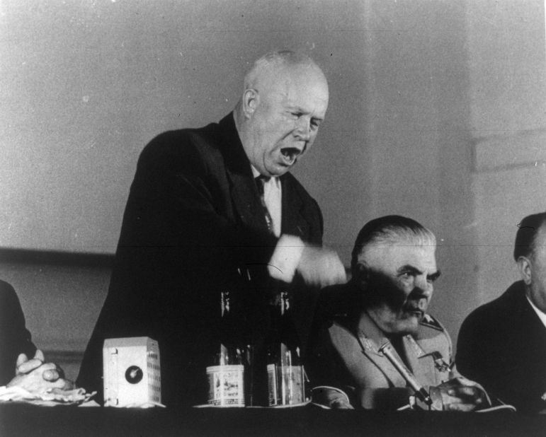 Soviet leader Nikita Khrushchev speaks at the 1960 Paris Summit, which was interrupted when an American high-altitude U-2 spy plane was shot down on a mission over the Soviet Union.