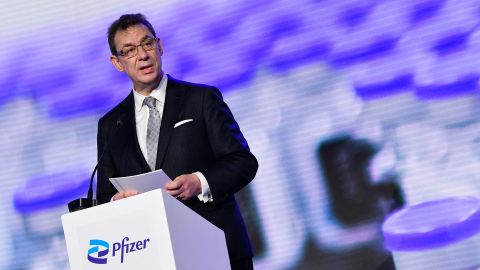 Pfizer CEO Albert Bourla talks during a press conference with European Commission President after a visit to oversee the production of the Pfizer-BioNtech Covid-19 vaccine at the factory of US pharmaceutical company Pfizer, in Puurs, on April 23, 2021. 