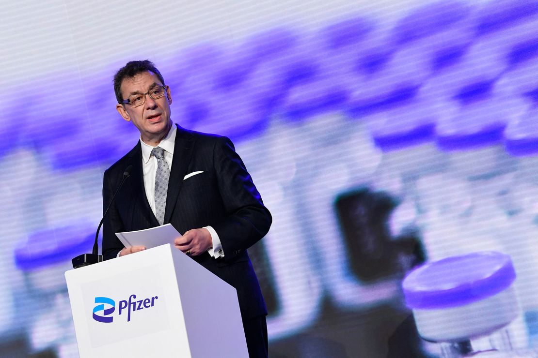 Pfizer CEO Albert Bourla talks during a press conference with European Commission President after a visit to oversee the production of the Pfizer-BioNtech Covid-19 vaccine at the factory of US pharmaceutical company Pfizer, in Puurs, on April 23, 2021.