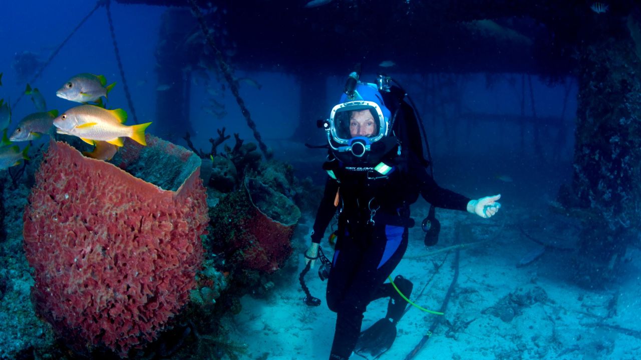 Sylvia Earle passes a barrel sponge as she explores outside Aquarius laboratory. (Kip Evans Photography)