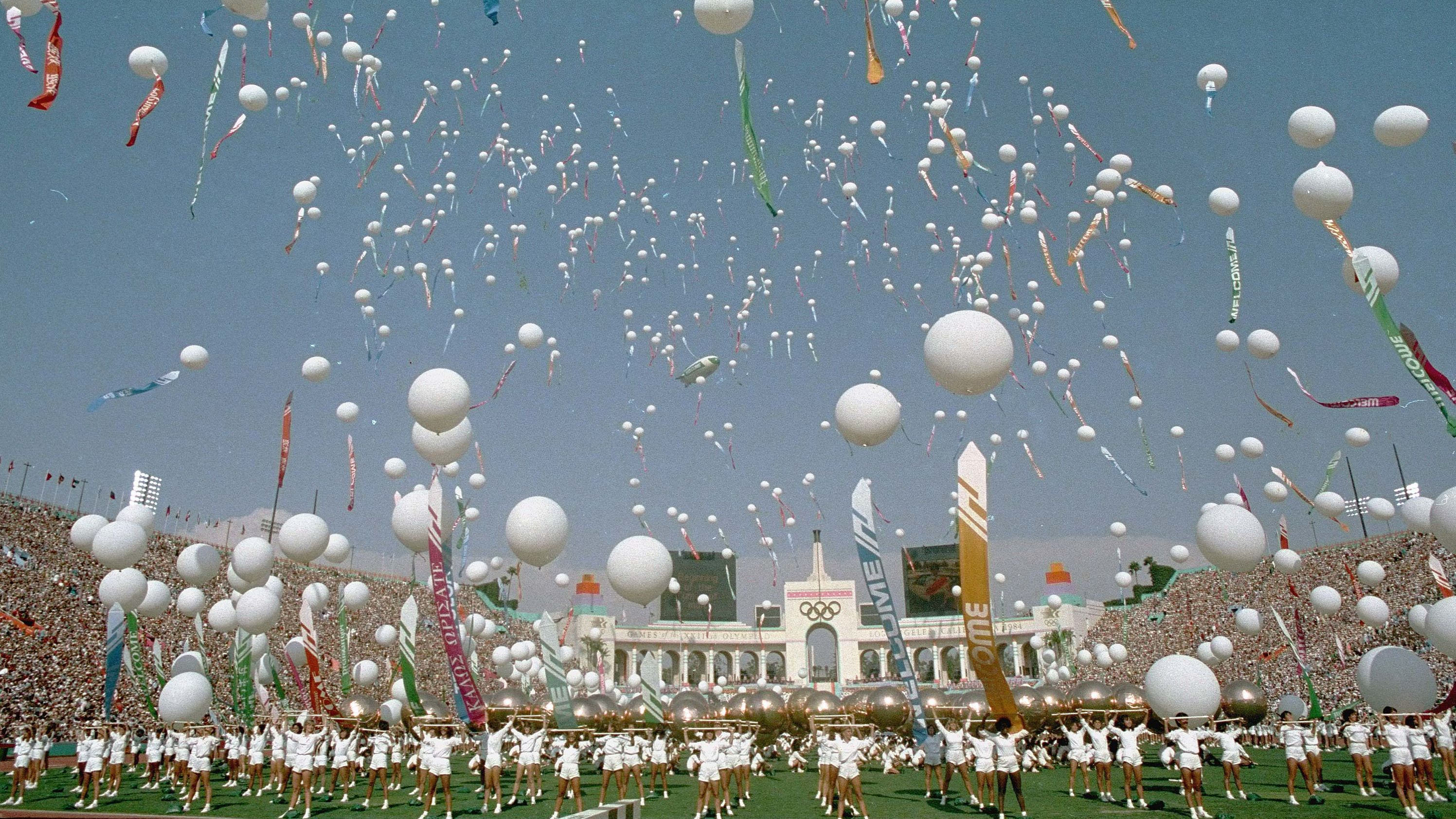 Balloons are released during the opening ceremony for the 1984 Summer Olympics in Los Angeles. After the US boycotted the Moscow Summer Games in 1980, Eastern Bloc countries — including the Soviet Union and East Germany — boycotted the 1984 Games.