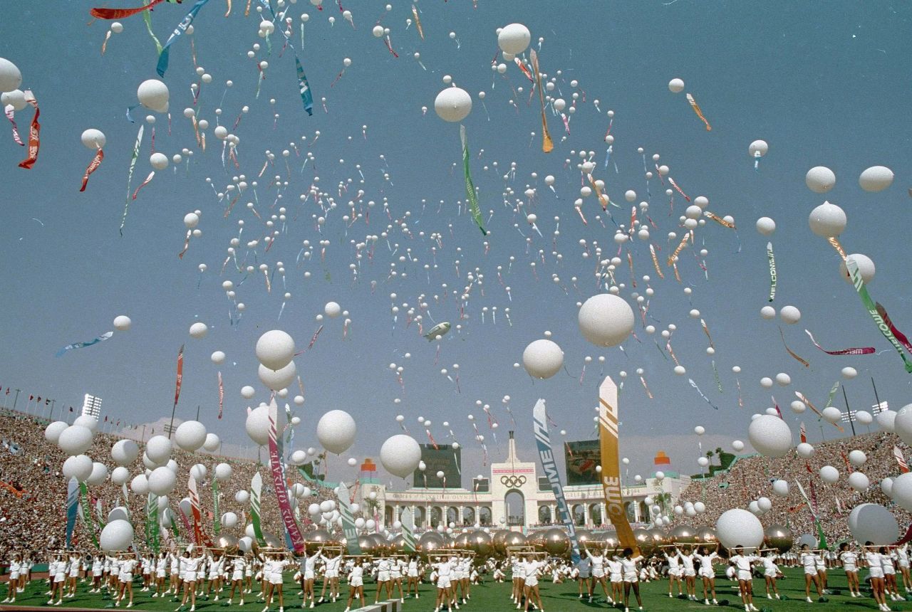 Balloons are released during the opening ceremony for the 1984 Summer Olympics in Los Angeles. After the US boycotted the Moscow Summer Games in 1980, Eastern Bloc countries — including the Soviet Union and East Germany — boycotted the 1984 Games.