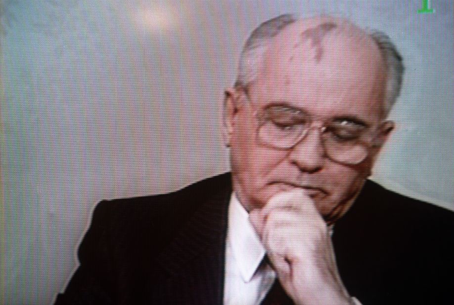 In this photo of a TV screen, Gorbachev announces his resignation on December 25, 1991, ending his nearly seven years of power and signaling the end of the Soviet Union.