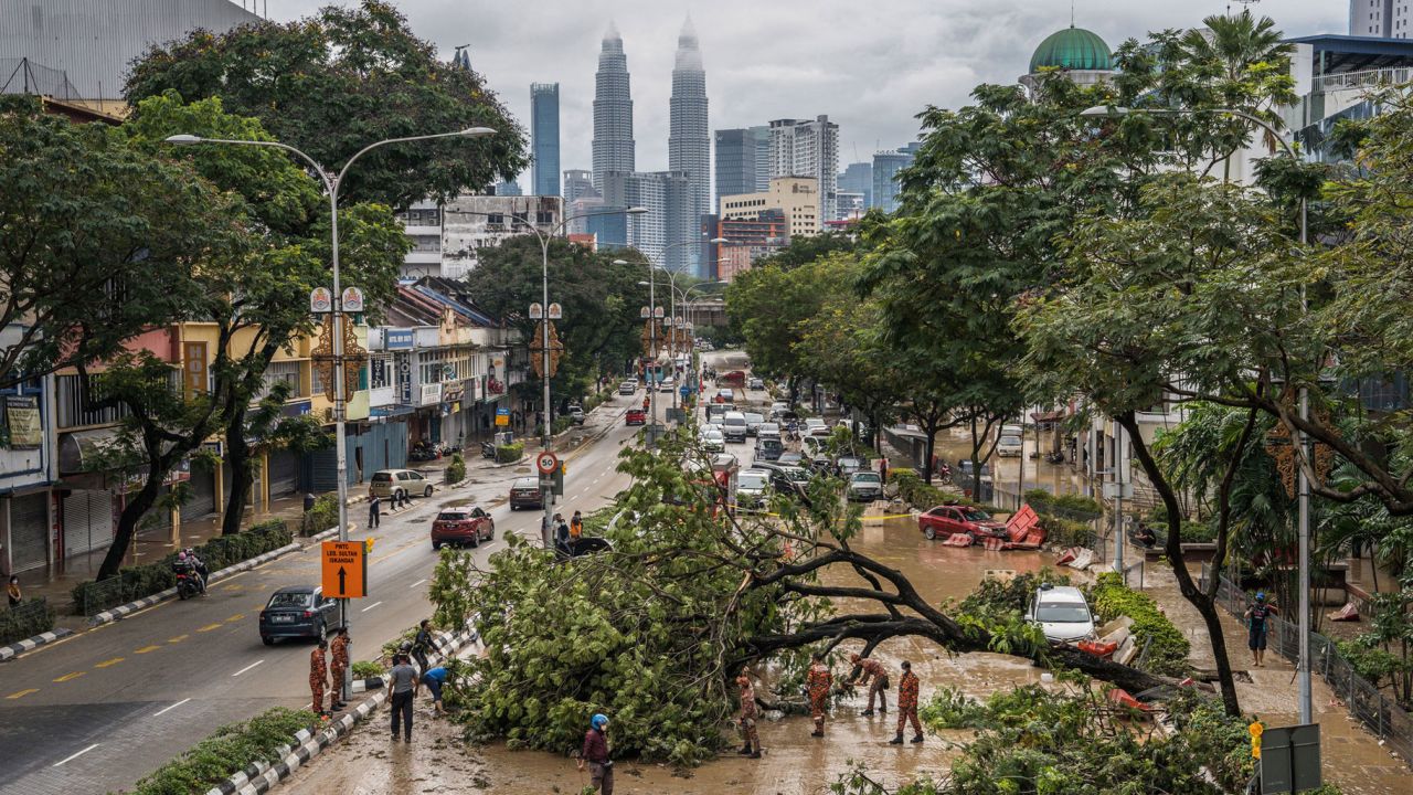Firemen remove fallen trees caused by floodwaters in Kuala Lumpur, Malaysia, on December 19.