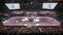 A general view of Climate Pledge Arena with the center ice logo prior to the Kraken's inaugural home opening game between the Seattle Kraken and the Vancouver Canucks on October 23, 2021 in Seattle, Washington.