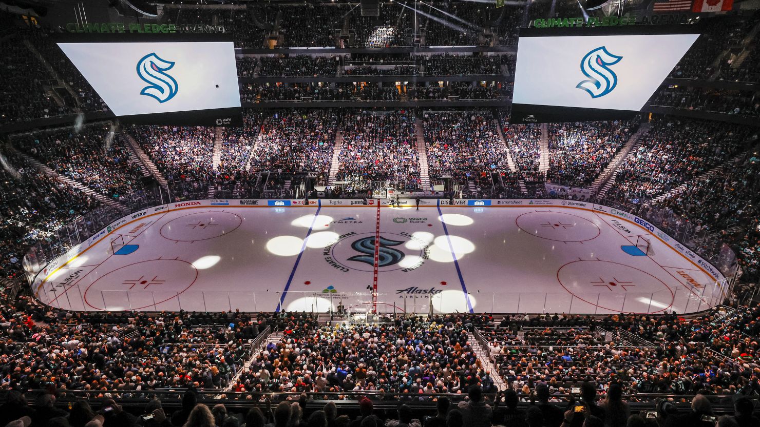 Fans pack Climate Pledge Arena prior to a game between the Seattle Kraken and the Vancouver Canucks on October 23 in Seattle.
