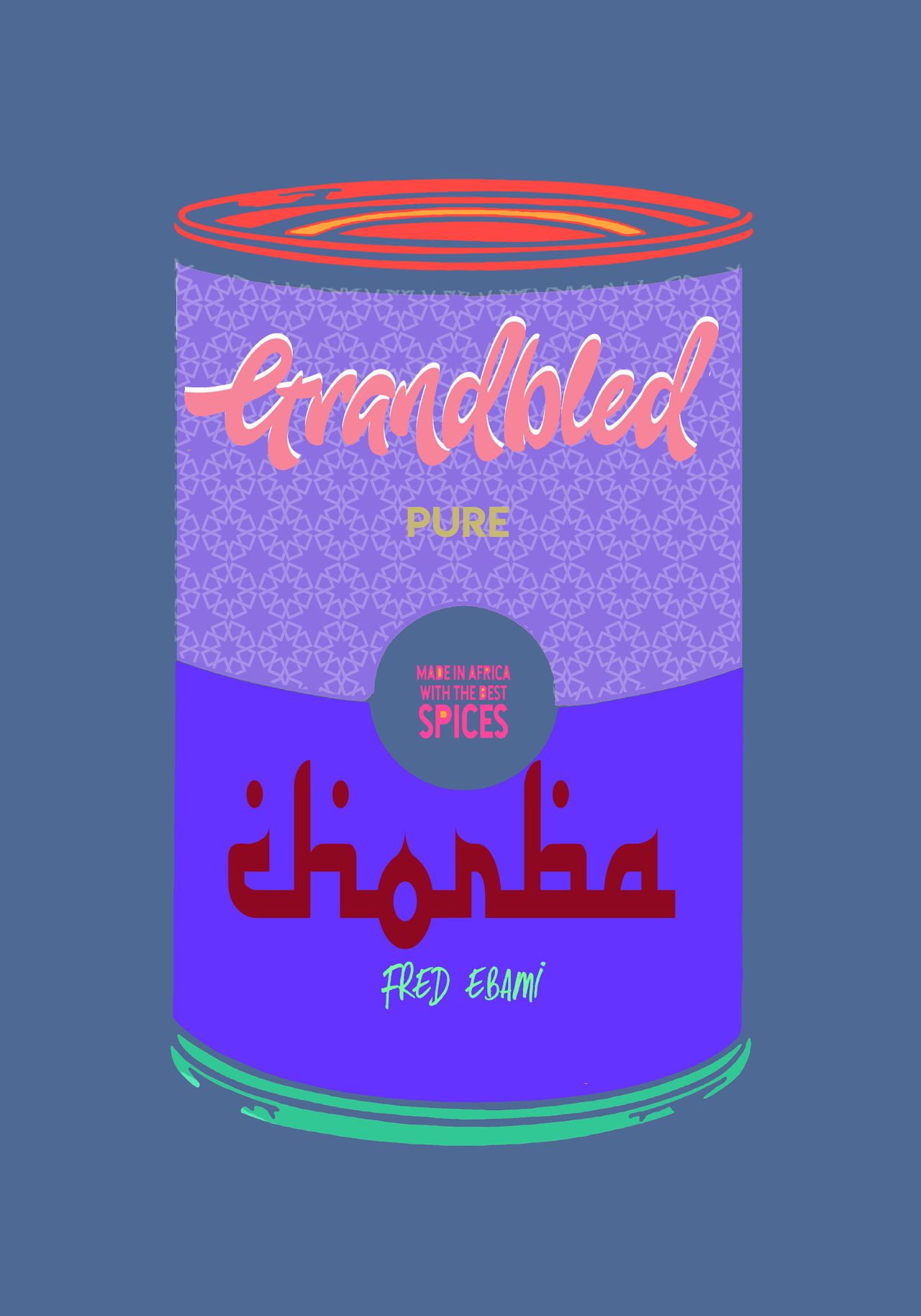 Ebami works digitally, using only a computer mouse to draw with. Some of his works parody classic Pop Art images, such as this piece inspired by Warhol's Campbell's Soup Cans. This image shows a traditional north African soup, part of a series where Ebami hoped to "pick up where Warhol left his collection," showing soups from around the world. Chorba, GRAND BLED SOUP, 2021.