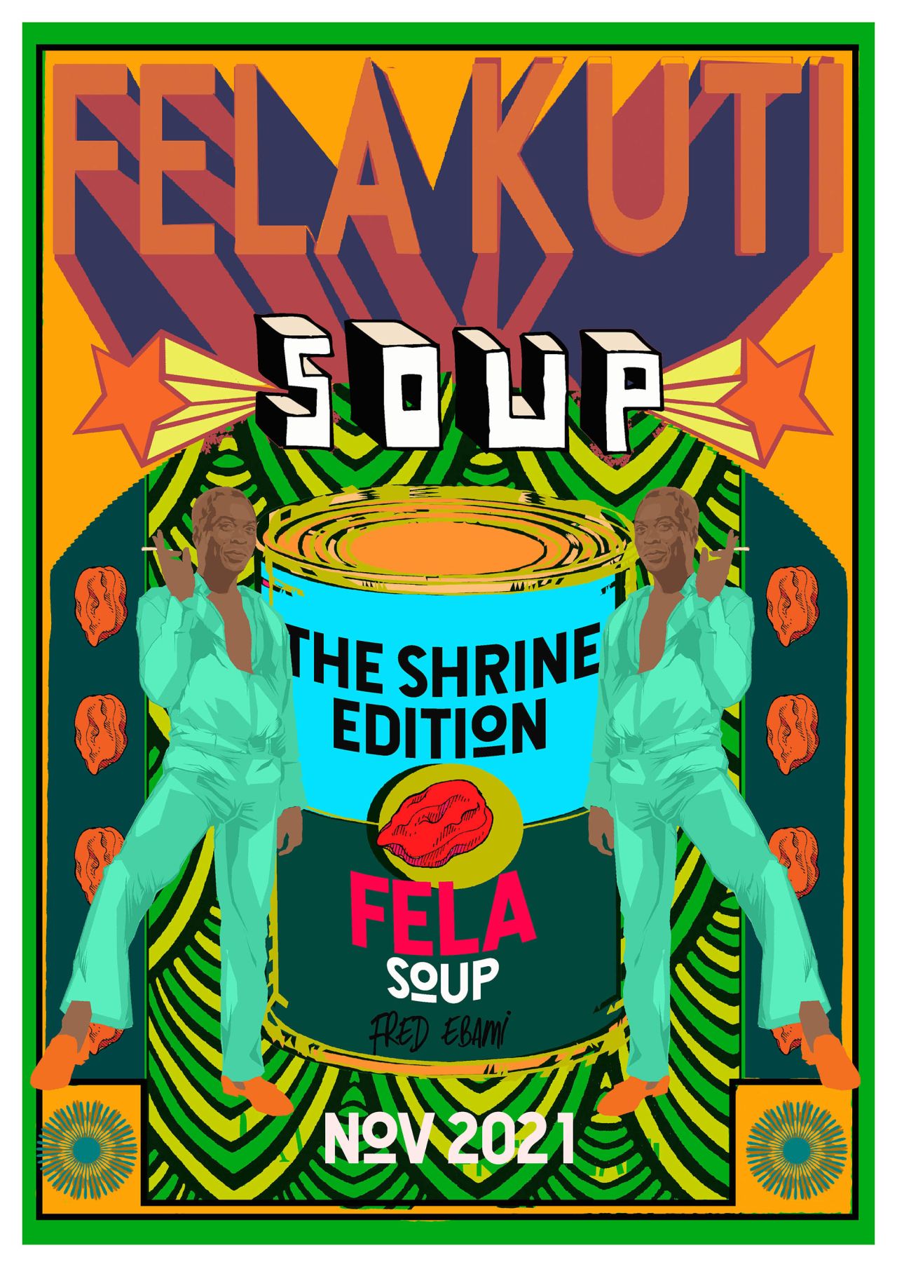This piece shows Nigerian musician and Afrobeat innovator Fela Kuti. Fela Soup, 2021.