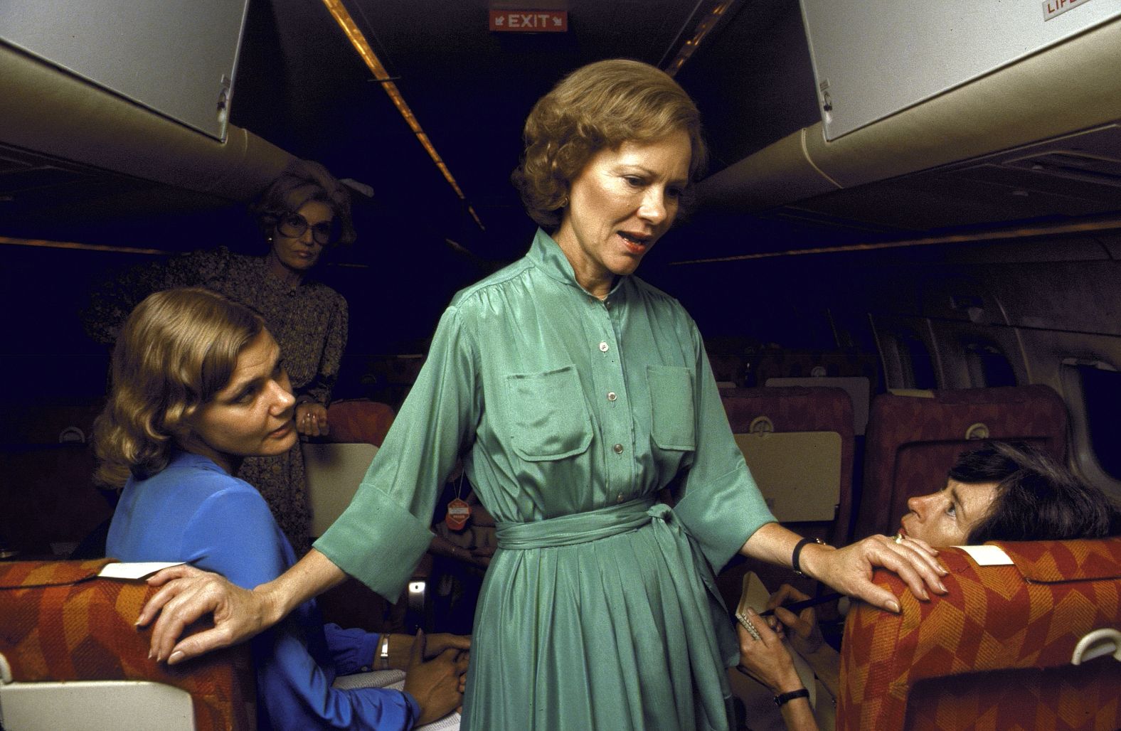 Rosalynn travels on a plane as part of a campaign trip in October 1979. Her husband was up for reelection.