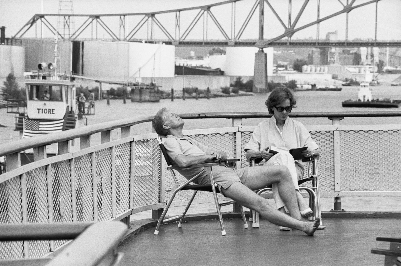 The Carters relax on a riverboat in Dubuque, Iowa, in August 1979.