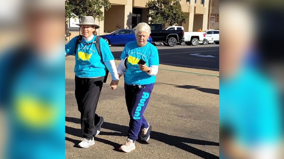 Mary Hesch and friend Joan Dold walking somewhere between Wisconsin and Texas.