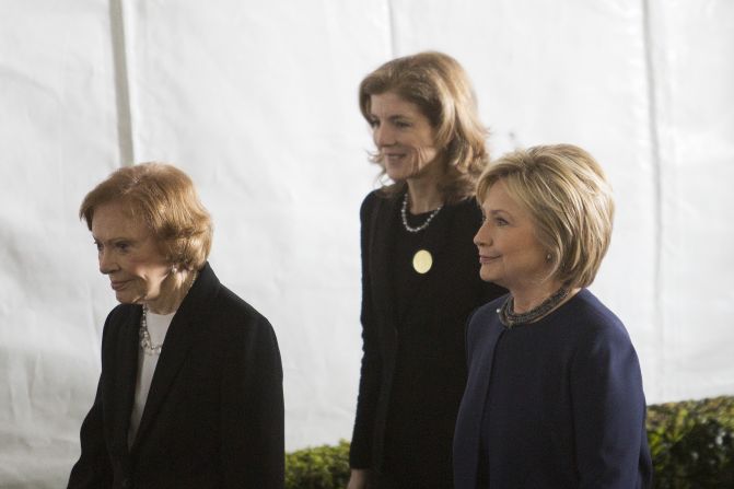 From left, Rosalynn, Caroline Kennedy and Hillary Clinton follow the casket of former first lady Nancy Reagan during her funeral in 2016.
