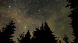 SPRUCE KNOB, WV - AUGUST 11: In this 30 second exposure, a meteor streaks across the sky during the annual Perseid meteor shower, Wednesday, Aug. 11, 2021, in Spruce Knob, West Virginia. (Photo by Bill Ingalls/ NASA via Getty Images)