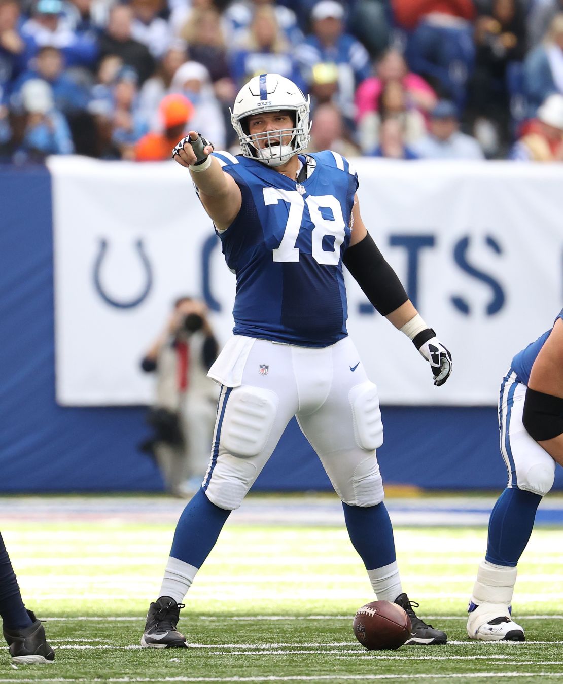 Ryan Kelly #78 of the Indianapolis Colts is pictured in action against the Tennessee Titans at Lucas Oil Stadium on October 31, 2021 in Indianapolis, Indiana.