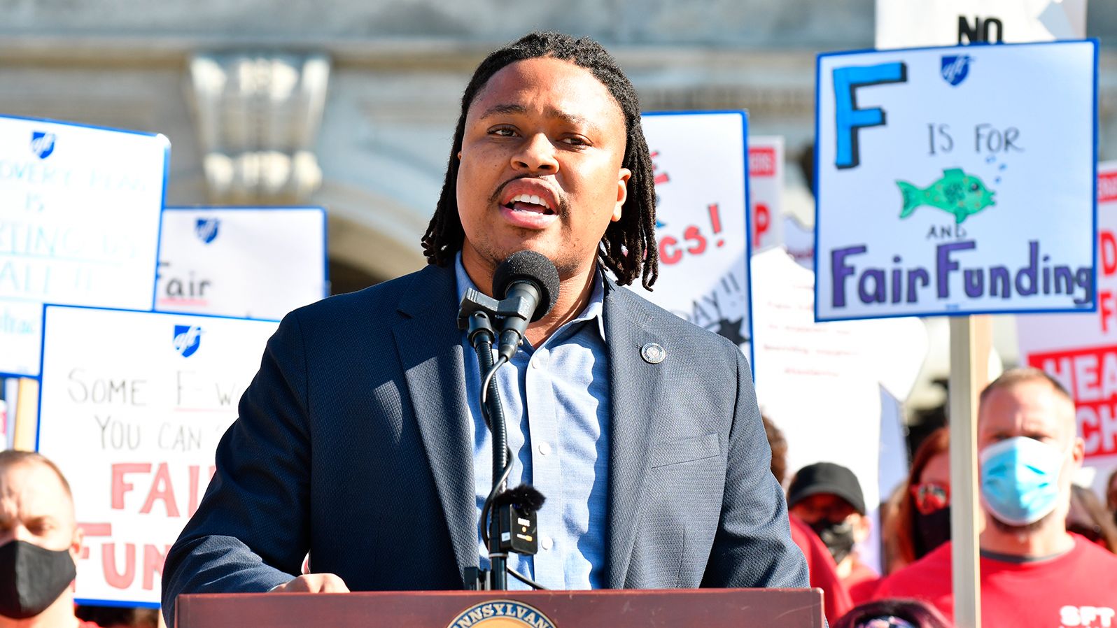 Pennsylvania state Rep. Malcolm Kenyatta, a Democratic candidate for US Senate, speaks at a rally of the striking Scranton Federation of Teachers at the Pennsylvania Capitol in November. 