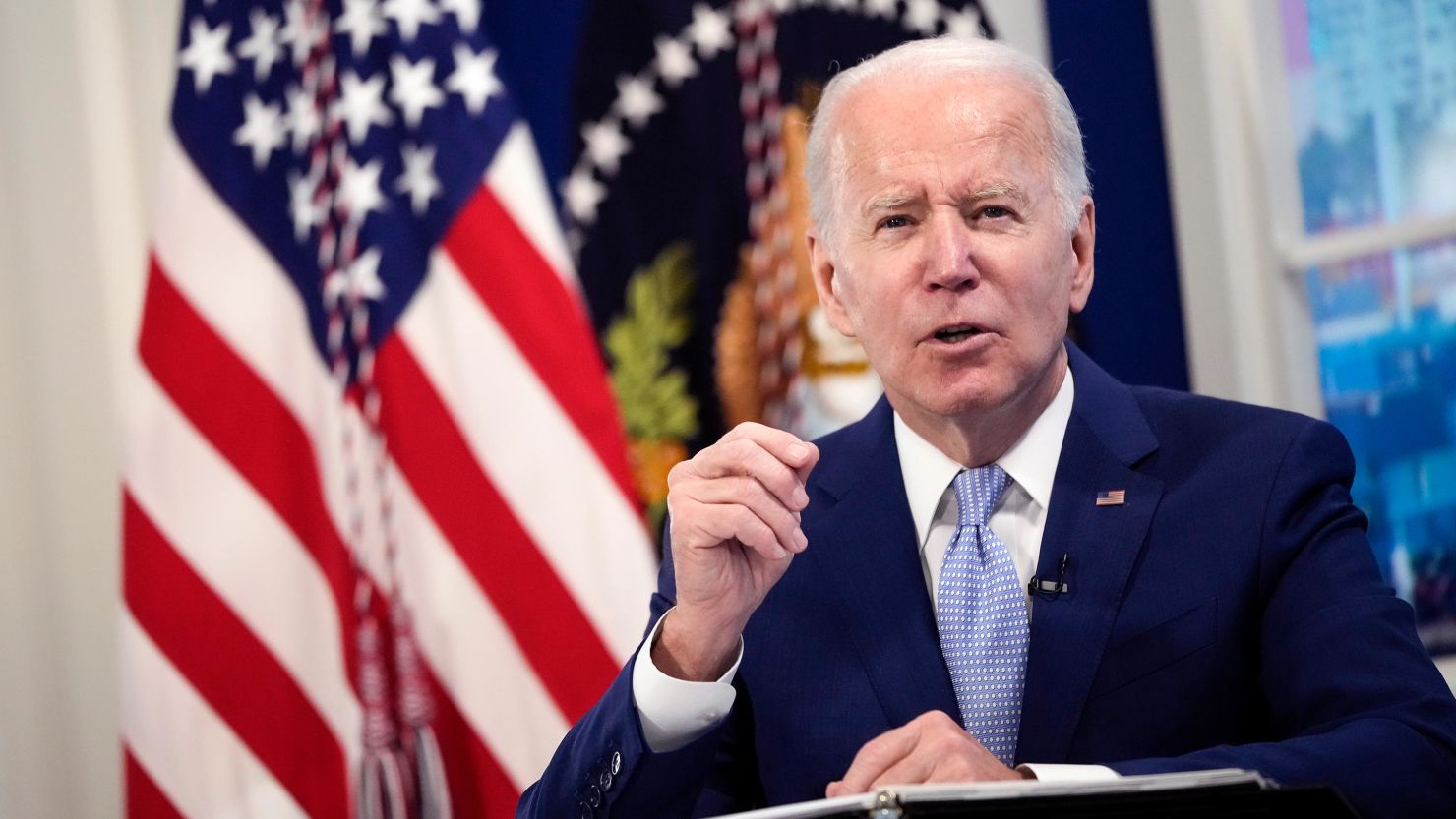 U.S. President Joe Biden speaks during a meeting with his administration's Supply Chain Disruptions Task Force and private sector CEOs in the South Court Auditorium of the White House December 22, 2021 in Washington, DC. 
