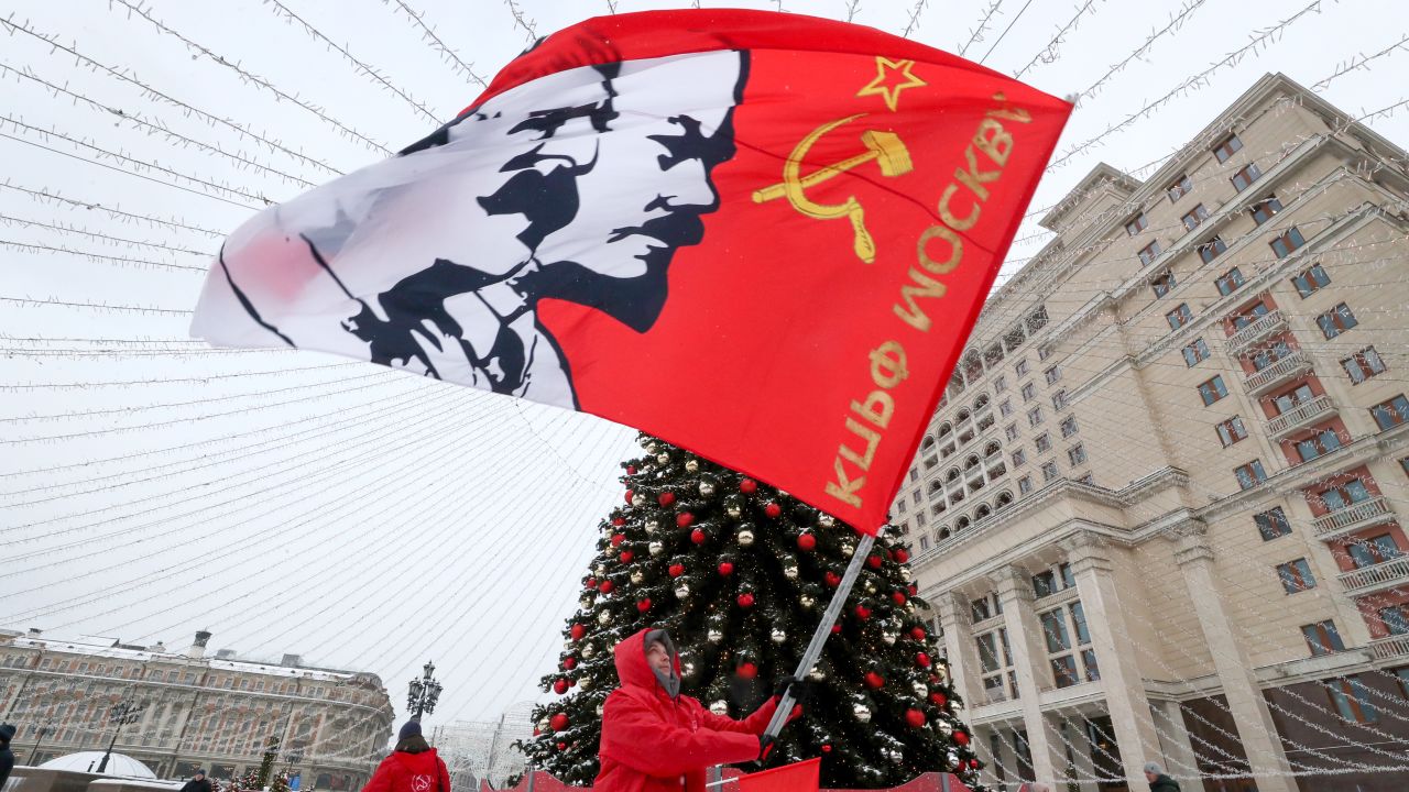 Supporters of the Russian Communist Party are seen ahead of a flower laying ceremony at Soviet leader Joseph Stalin's grave, marking the 142nd anniversary of his birth. 