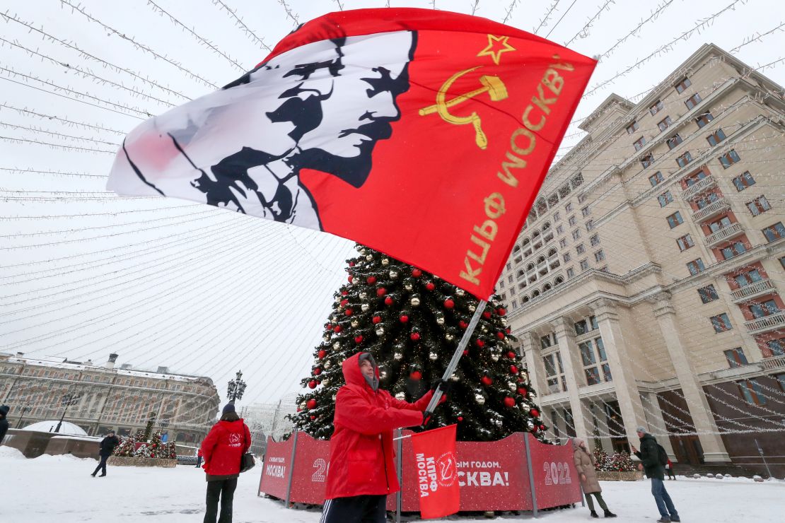 Supporters of the Russian Communist Party are seen ahead of a flower laying ceremony at Soviet leader Joseph Stalin's grave, marking the 142nd anniversary of his birth. 