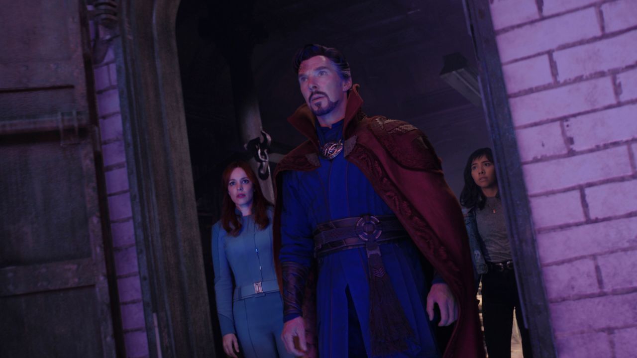 Rachel McAdams as Dr. Christine Palmer, Benedict Cumberbatch as Dr. Stephen Strange, and Xochitl Gomez as America Chavez in 'Doctor Strange in the Multiverse of Madness.'