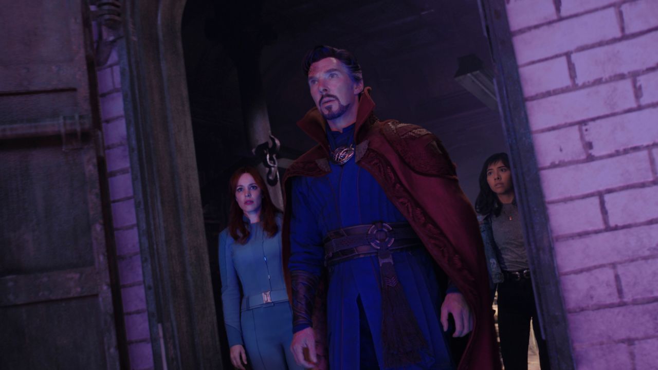 (L-R): Rachel McAdams as Dr. Christine Palmer, Benedict Cumberbatch as Dr. Stephen Strange, and Xochitl Gomez as America Chavez in Marvel Studios' DOCTOR STRANGE IN THE MULTIVERSE OF MADNESS. Photo courtesy of Marvel Studios. ©Marvel Studios 2022. All Rights Reserved.