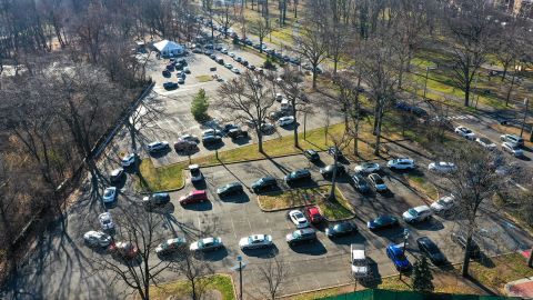 An aerial view is seen as hundreds of cars line up at a Covid-19 testing center to get Covid-19 test before Christmas holiday in North Bergen of New Jersey, United States on December 22, 2021 as Omicron rises around the country. 