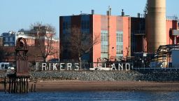 A sign marks the location of the Rikers Correctional Center in the East River on March 9, 2021 in New York City.