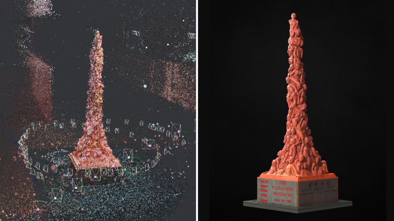 The process of rendering a 3D model of the "Pillar of Shame" (left) and the model (right). The model was made available to download and print since October.
