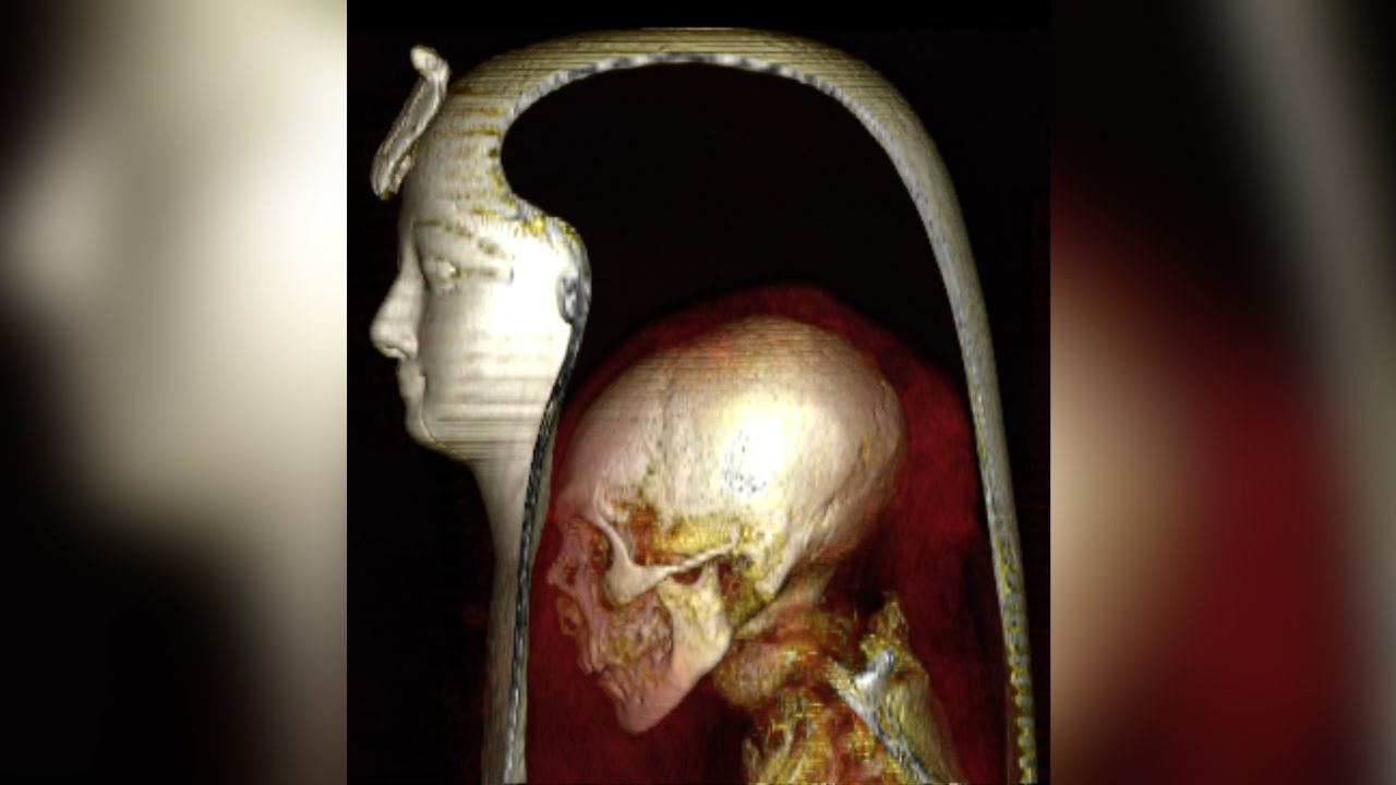 The pharaoh's mummy, showing his shrunken skull and skeleton within the bandages.