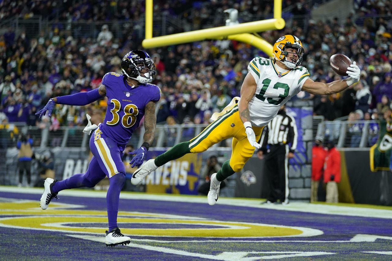 Green Bay Packers wide receiver Allen Lazard is unable to hold on to a pass in the end zone in front of Baltimore Ravens defensive back Kevon Seymour on December 19.