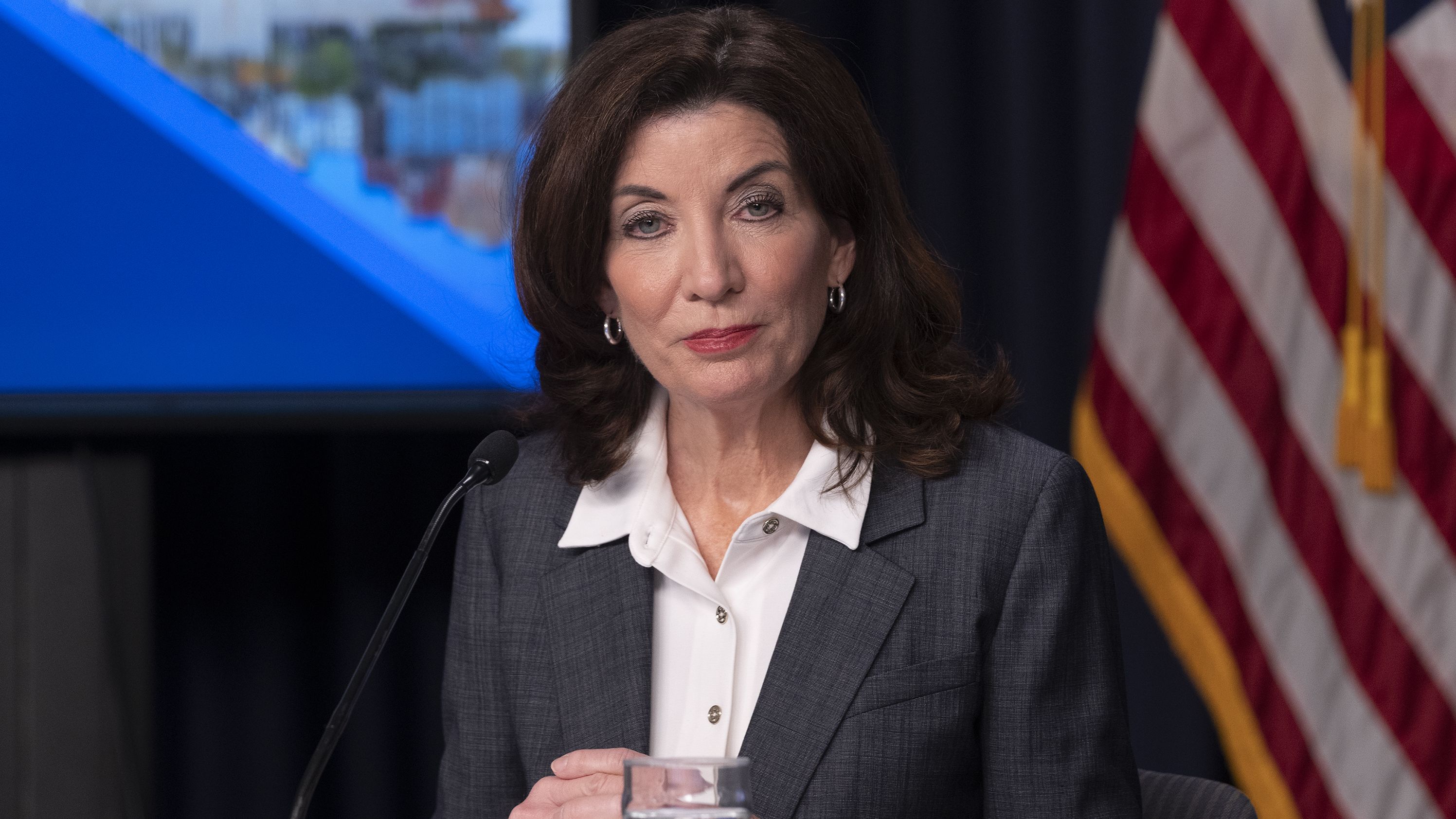 New York Gov. Kathy Hochul holds a Covid-19 briefing this week. 