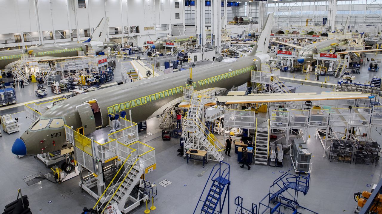 An Airbus A220 plane at the Airbus Canada LP assembly and finishing site in Quebec, Canada.