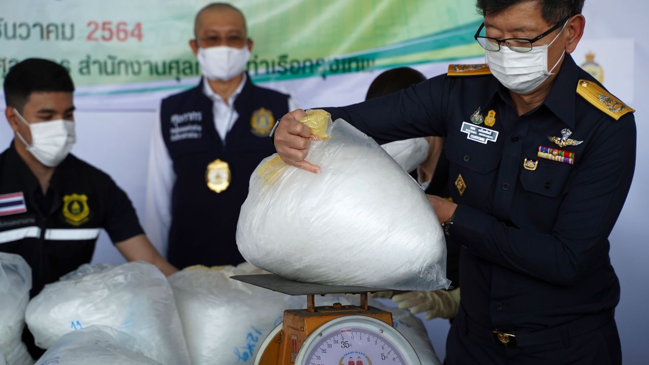 Customs director-general Patchara Anuntasilpa displays seized crystal methamphetamine after Thailand intercepted packages headed for Australia in Bangkok on December 23.