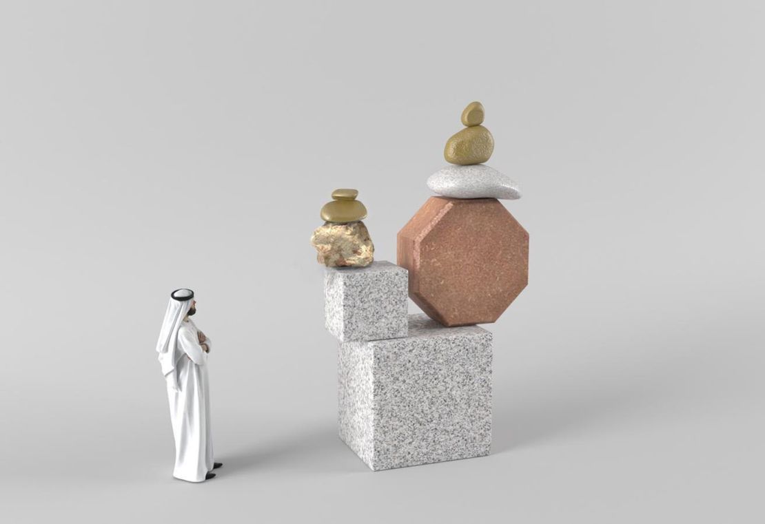 Shua'a Ali's "Tawazun" is a pillar made of materials like granite, sandstone, limestones and pebbles in both organic and geometric shapes. This is a rendering of the work, which will be exhibited in 2022.