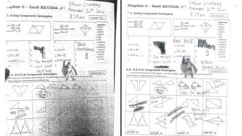 Prosecutors allege Ethan Crumbley made "modifications" to his drawing after it was discovered. The original drawing is on the left.