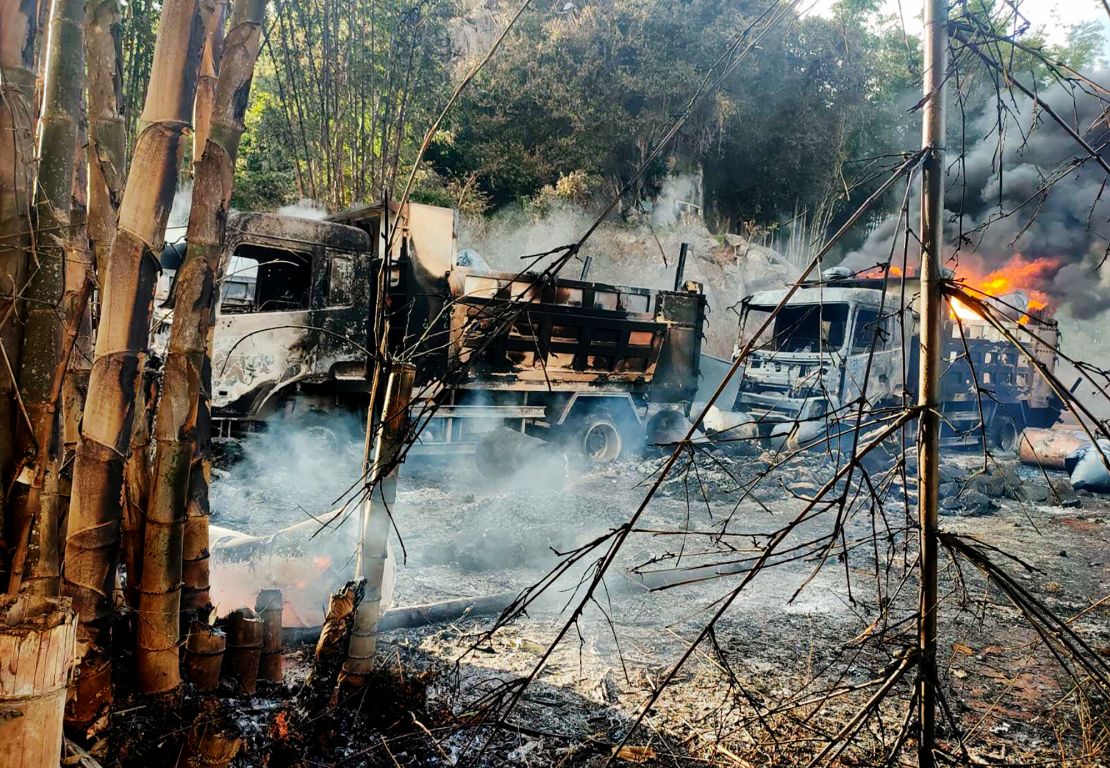 A photo provided by the Karenni Nationalities Defense Force (KNDF), showing smokes and flames in Hpruso township, Myanmar, on December 24.