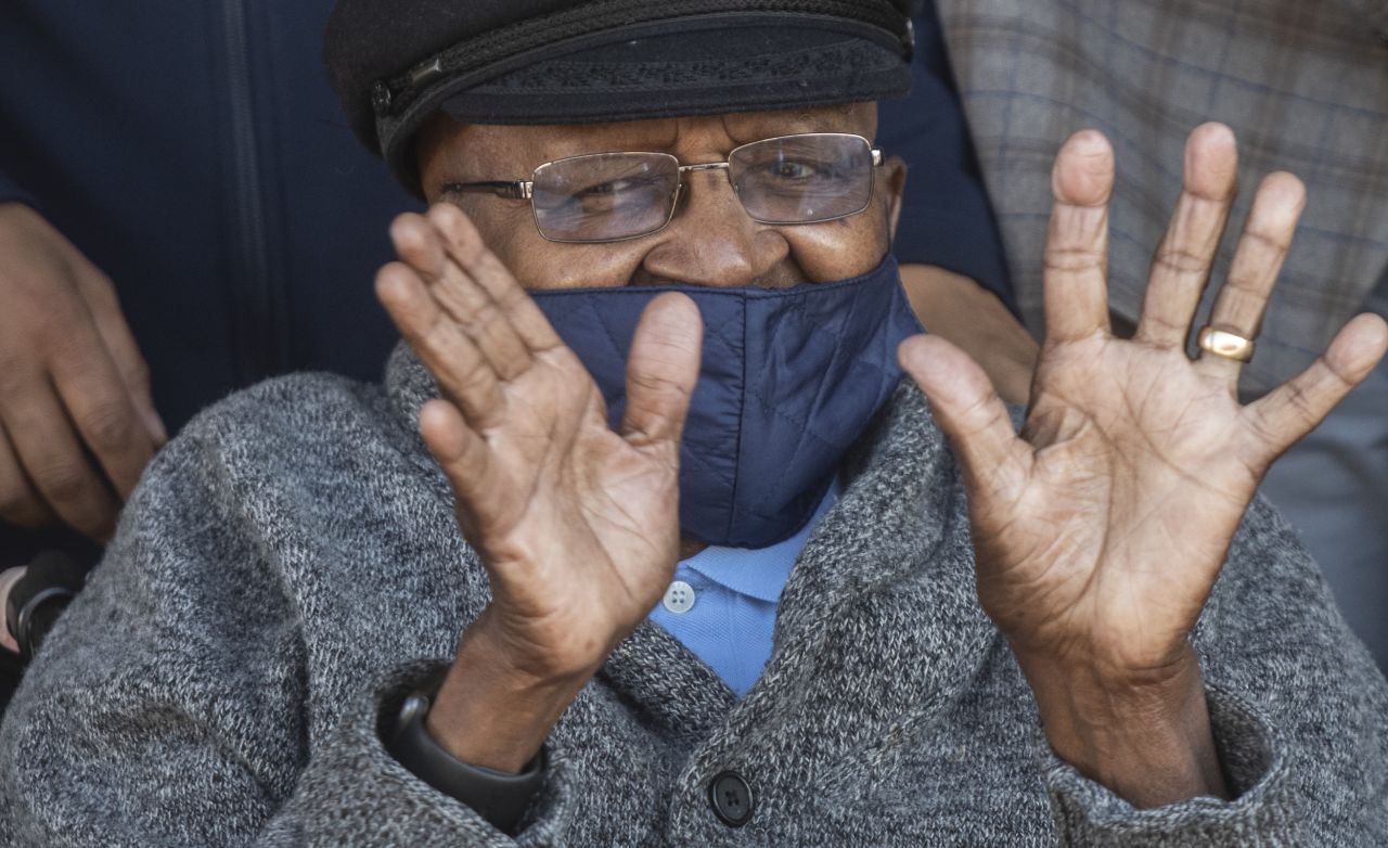 Archbishop Emeritus Desmond Tutu visits the Brooklyn Chest Hospital vaccination site on May 17, 2021 in Cape Town, South Africa.