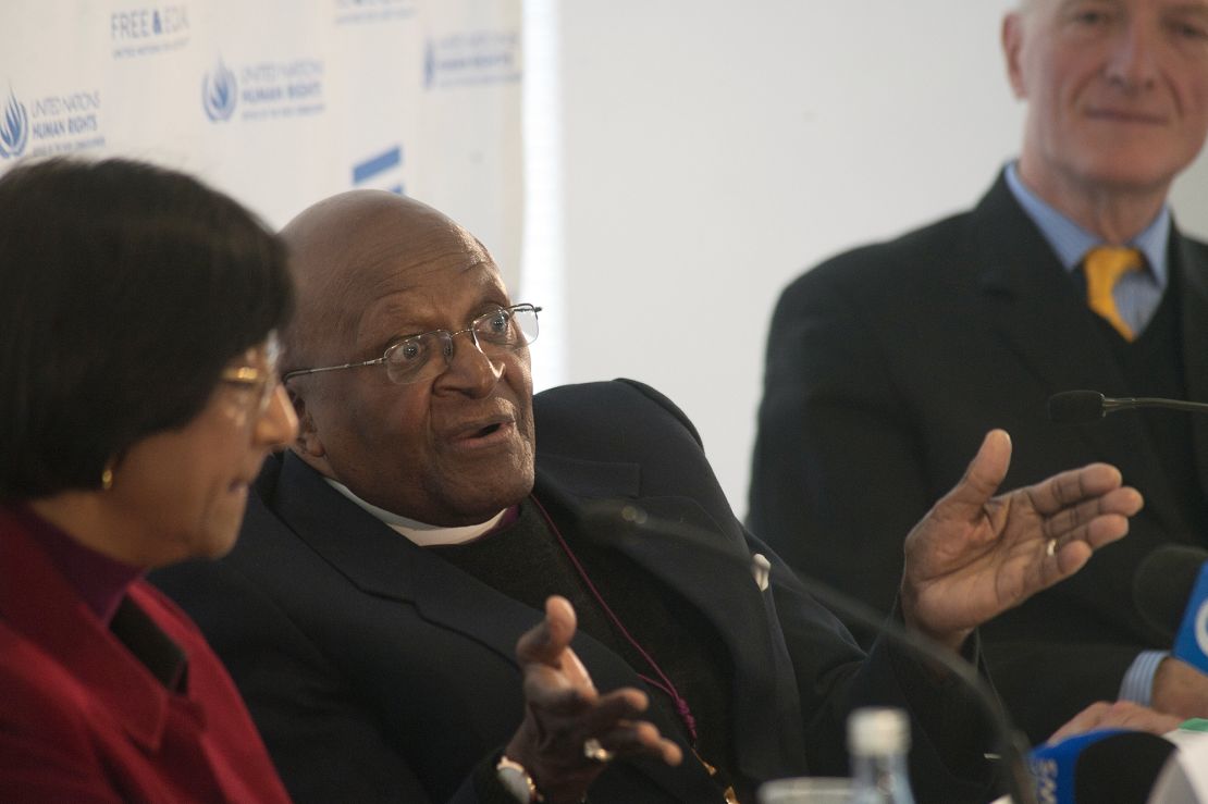 Archbishop Desmond Tutu, center, at the launch of Free & Equal, a United Nations global public education campaign for lesbian, gay, bisexual and transgender equality on July 26, 2013 in Cape Town.
