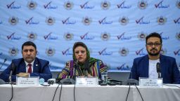 Head of the Afghan Independent Election Commission (IEC) Hawa Alam Nuristani, center, speaks as she announces the final election results during a press conference in Kabul on February 18, 2020. 