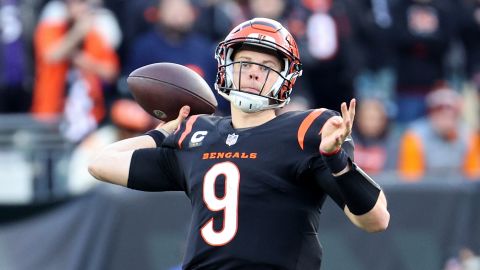 Joe Burrow #9 of the Cincinnati Bengals throws a pass during the fourth quarter in the game against the Baltimore Ravens at the Paul Brown Stadium on December 26, 2021 in Cincinnati, Ohio. 