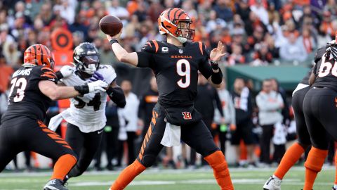 Joe Burrow #9 of the Cincinnati Bengals throws the ball during the first quarter in the game against the Ravens.