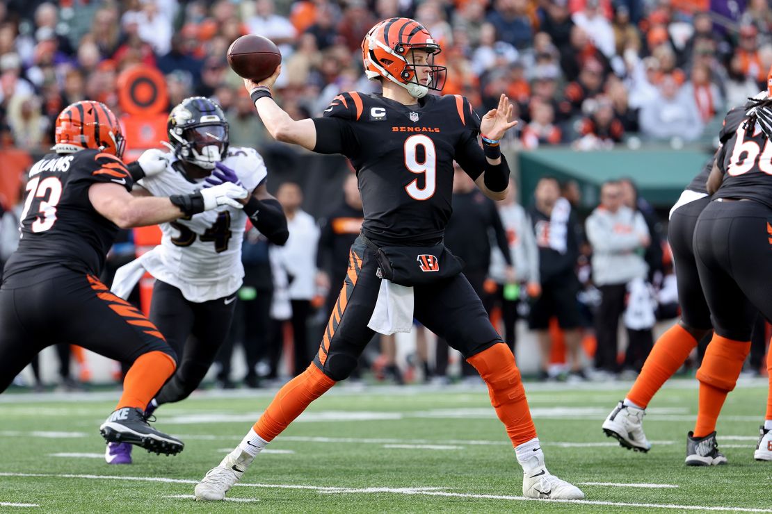 Joe Burrow #9 of the Cincinnati Bengals throws the ball during the first quarter in the game against the Ravens.