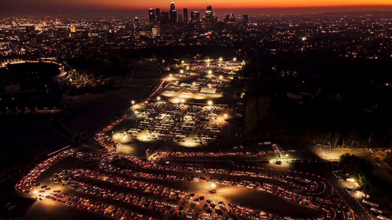 Long lines of cars are seen at a Covid-19 vaccination site at Dodger Stadium, in Los Angeles, California, in February.