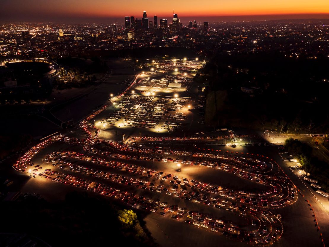 Long lines of cars are seen at a Covid-19 vaccination site at Dodger Stadium, in Los Angeles, California, in February. 