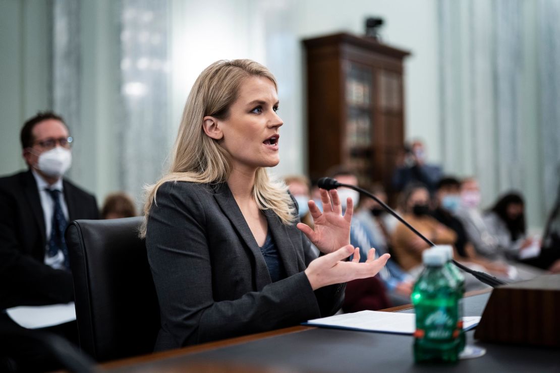 Former Facebook employee and whistleblower Frances Haugen testifies in the US Senate on October 5 in Washington, D.C.